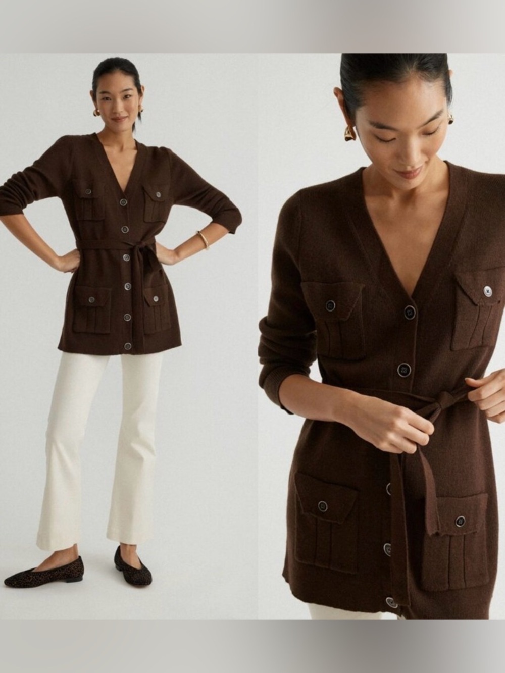 Tuckernuck “Amara” Knit V-Neck Tie Cardigan —Brown, XL, EUC